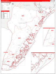 Cape May County, NJ Wall Map Zip Code Red Line Style 2024